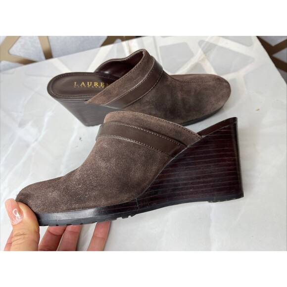 Lauren Ralph Yassinia Suede Leather Wedge Heels Mules Clogs Slip On Shoes 7 B - Picture 9 of 10
